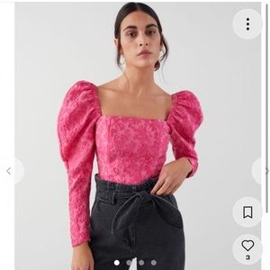 & Other Stories Square Neck Jaquard pink puffy sleeve top